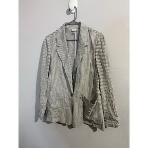 A New Day‎ Linen Blazer Women M Gray White Nautical Stripe 1 Button Relaxed Coat